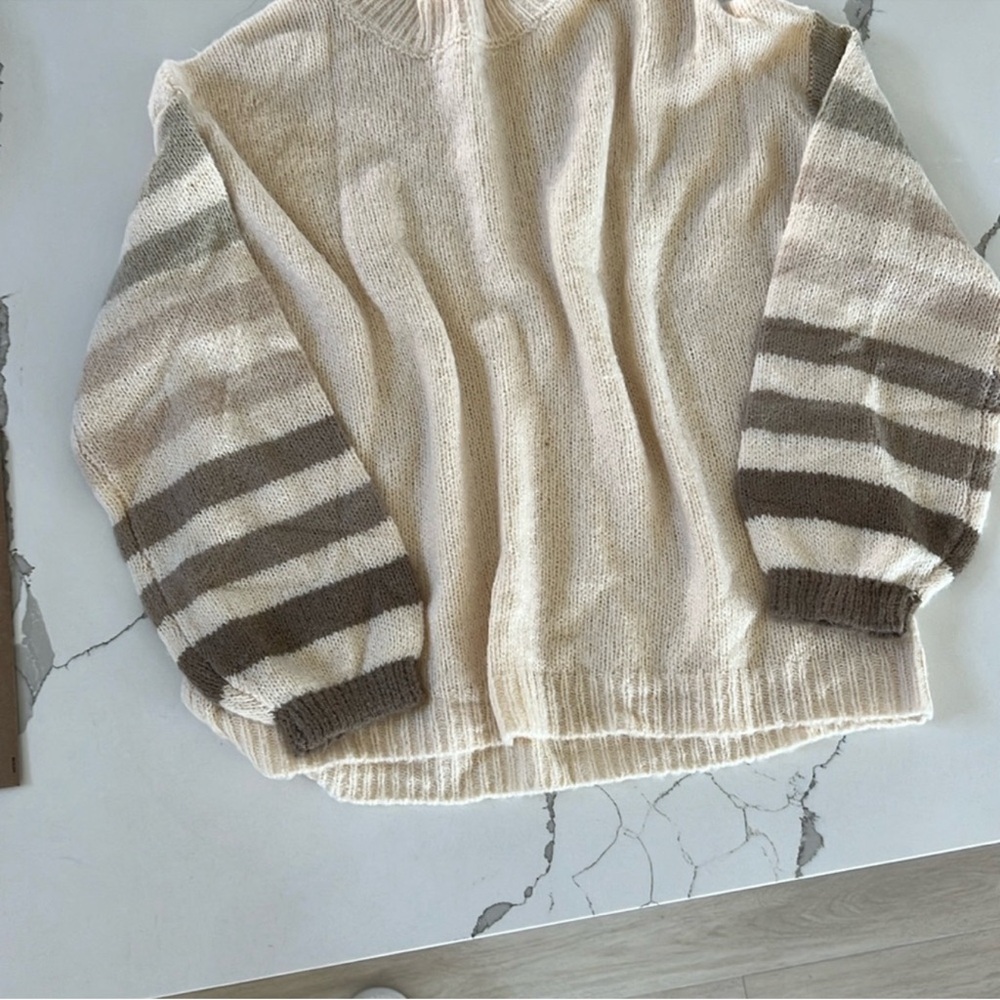 Pink Lily Cream and Brown Striped Turtleneck Sweater
